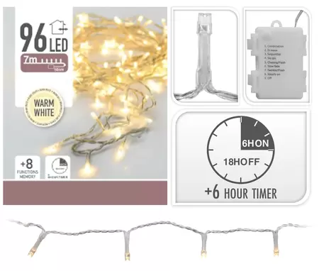 Batterijverlichting 96 LED 7m Transparant Snoer