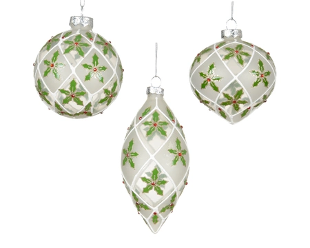 Kerstbal Glas Ruit Hulst Ø8cm Assorti 1st