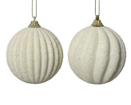 Kerstbal Rib Glitter Kralen Wol Wit Ø8cm Assorti 1st