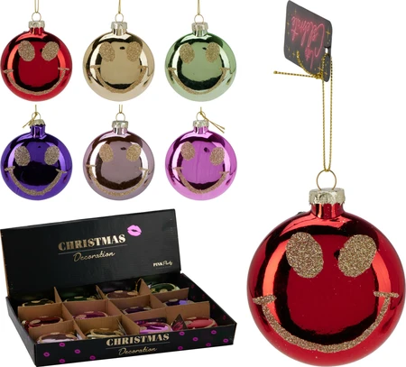 Kerstornament Smiley Ø8,8cm Assorti 1st