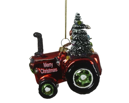 Kerstornament Tractor met Kerstboom Rood 9,7cm