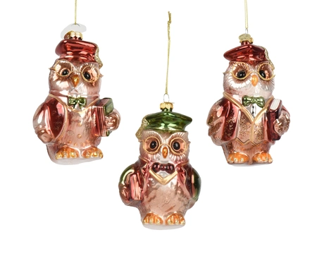 Kerstornament Uil met Boek Glas 13cm Assorti 1st