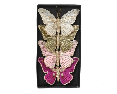 Kerstornament Vlinder op Clip Veren Roze 4st