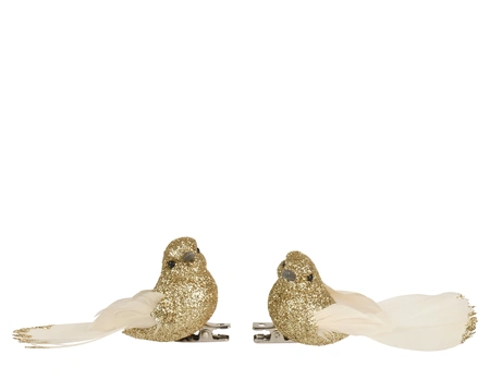 Kerstornament Vogel Clip Glitter Goud 2st