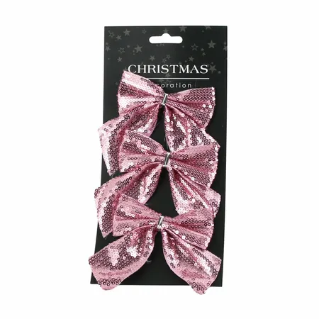 Kerststrik Pailletten Roze 3st