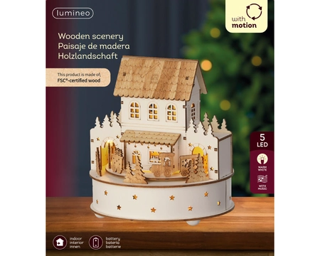 Kersttafereel Kerstdorp Hout met LED, Beweging en Muziek