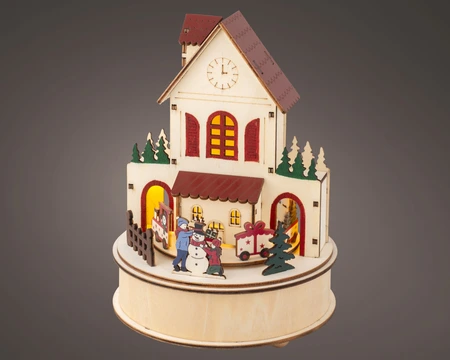 Kersttafereel Kersthuis Hout met LED, Beweging en Muziek