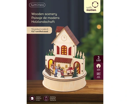 Kersttafereel Kersthuis Hout met LED, Beweging en Muziek