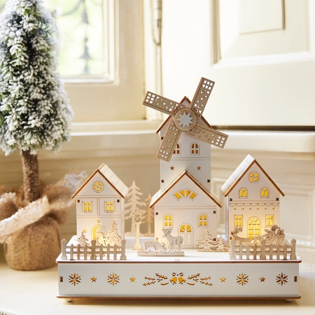 Lumineo Kersttafereel Molen Hout met LED, Beweging en Muziek