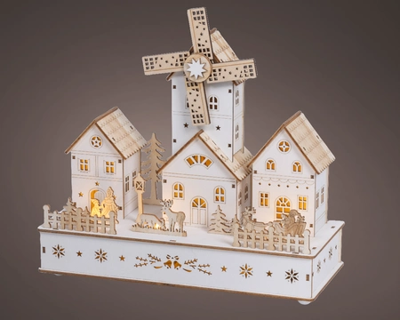 Kersttafereel Molen Hout met LED, Beweging en Muziek