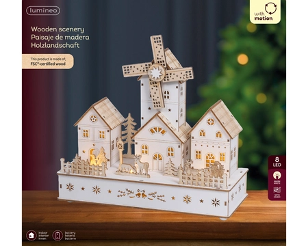 Lumineo Kersttafereel Molen Hout met LED, Beweging en Muziek