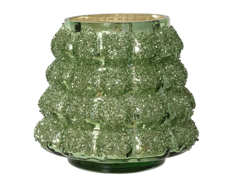 Waxinelichthouder Glas Kerstboom Glitter Antique Groen 10cm